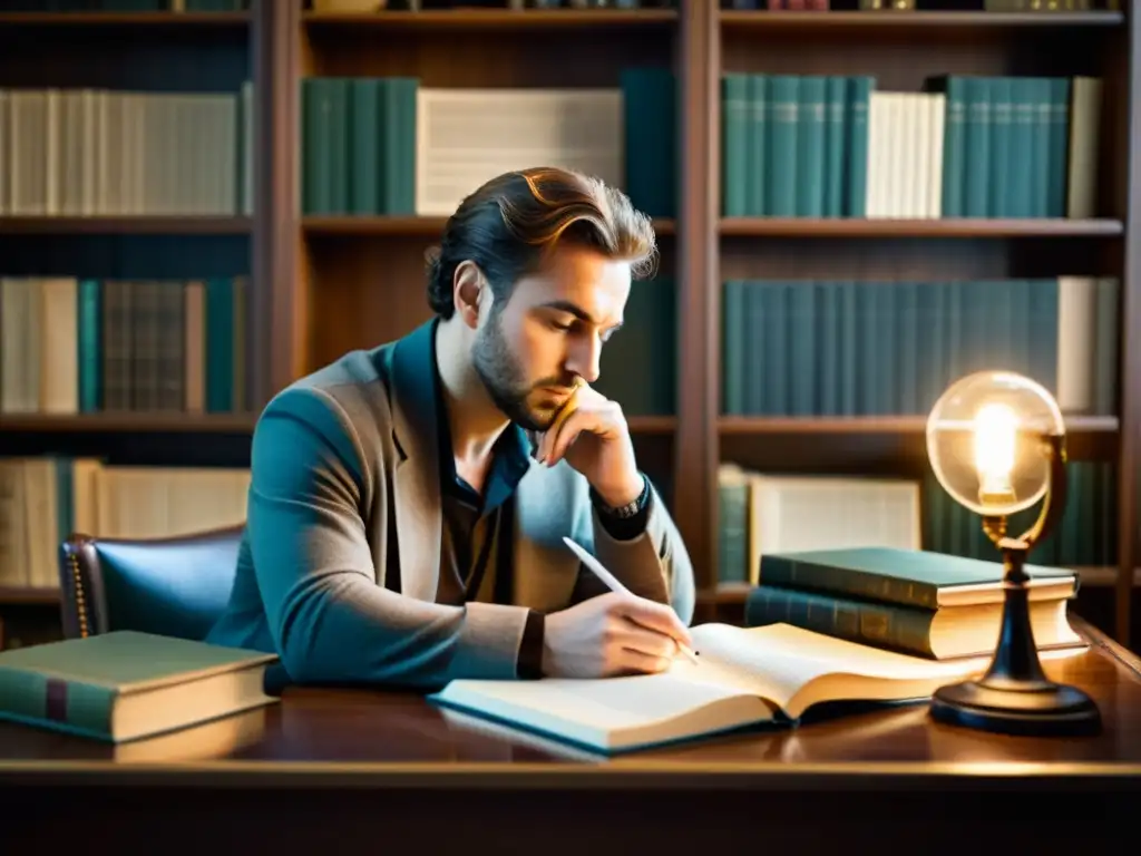 Poeta moderno escribiendo un soneto entre libros clásicos y manuscritos, fusionando la perdurabilidad de formas clásicas con la poesía moderna