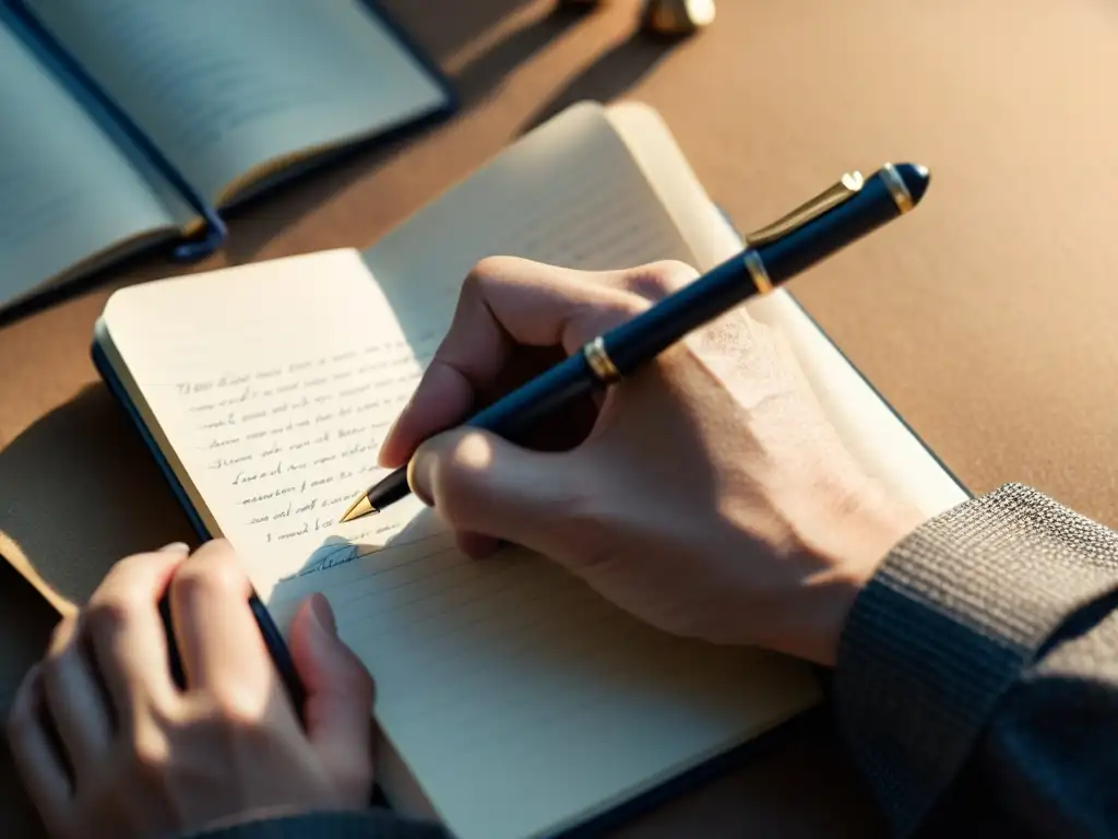 Un poeta escribe con pasión en su cuaderno, con luz suave iluminando la escena