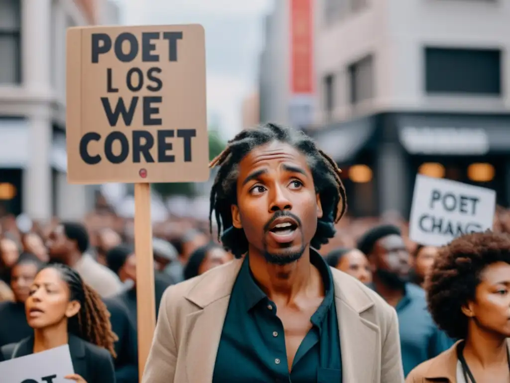 Poeta en la intersección entre poesía y movimientos sociales, recitando apasionadamente entre una multitud con pancartas de protesta