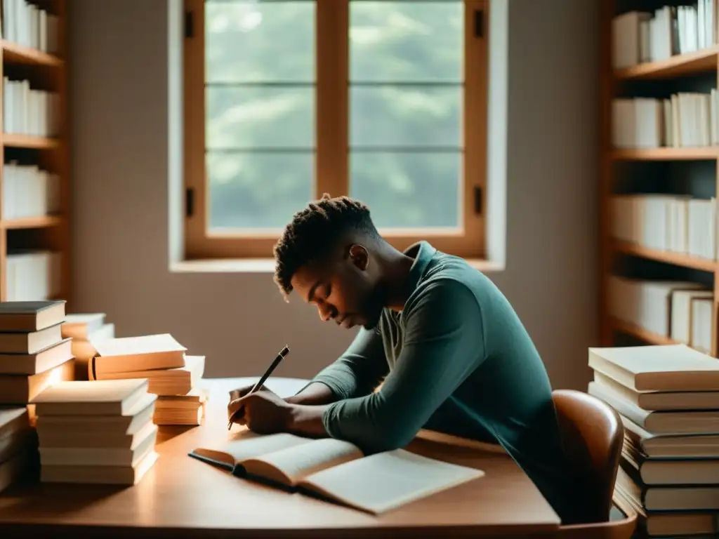 Un poeta contempla su próxima creación rodeado de libros de poesía