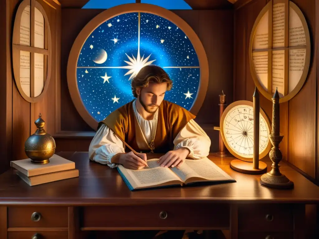 Un poeta renacentista contempla la astrología y mitología en su estudio iluminado por velas, listo para escribir versos inspirados por el cielo nocturno