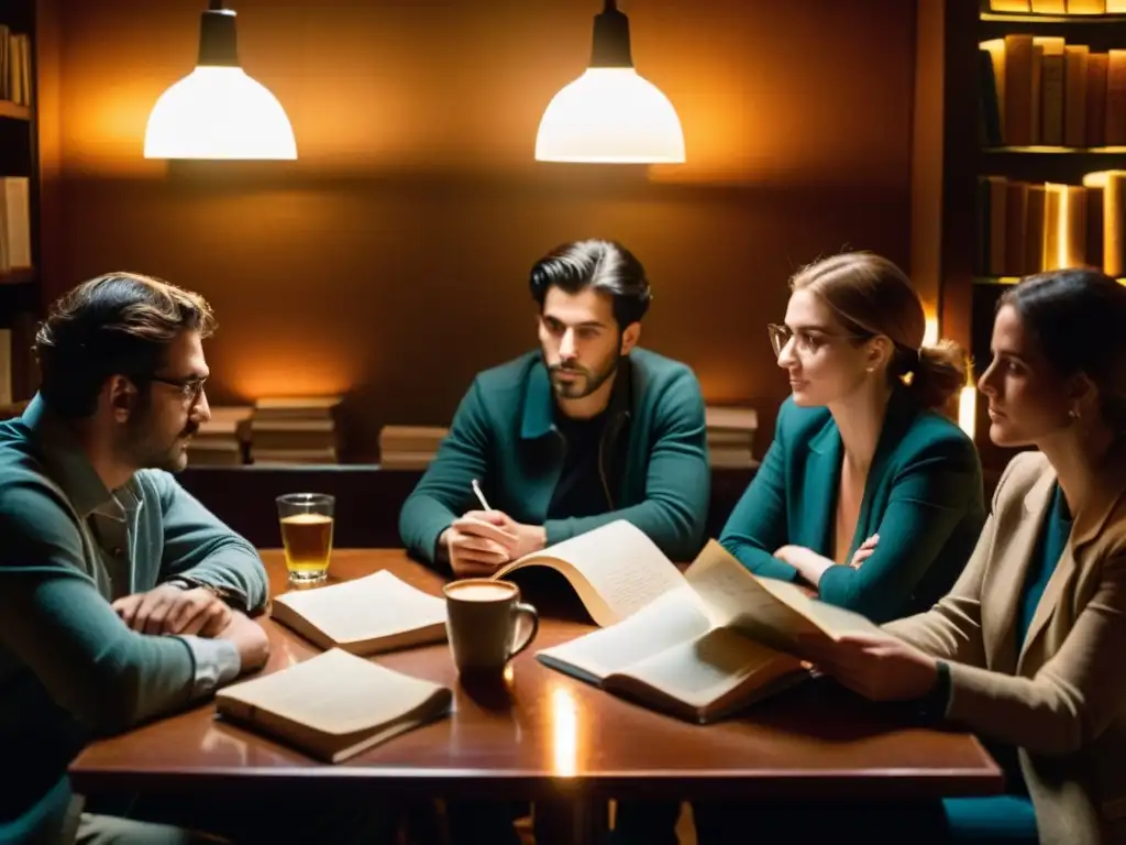 Poetas debatiendo versos en un café, iluminados por la calidez de las luces, encarnando la humanización verso posguerra española