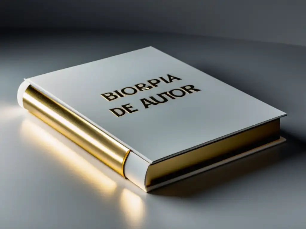 Portada de libro en blanco con el título 'Biografía de Autor' en dorado, transmitiendo importancia y elegancia en autoedición