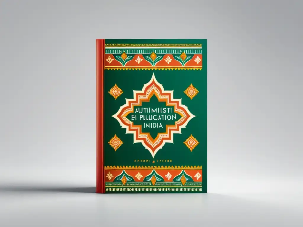 Portada de libro 'Autopublicación en India' con diseños tradicionales y colores vibrantes, evocando riqueza cultural y relevancia literaria