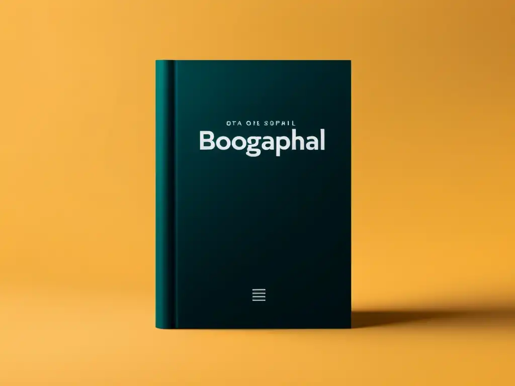 Portada minimalista de libro biográfico con diseño elegante y tipografía llamativa, evocando técnicas literarias para biografías reales