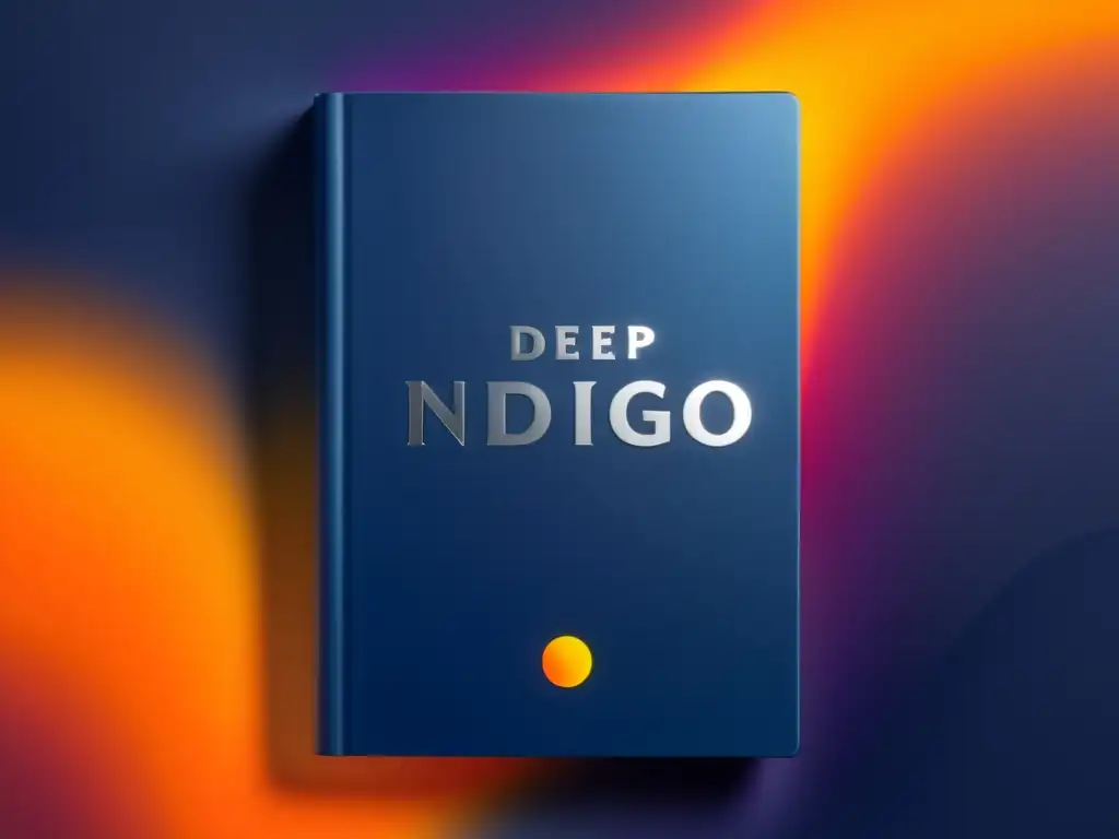 Minimalismo cromático: diseño de portada vibrante en 8k Portada minimalista de libro con influencia de la psicología del color: fondo índigo profundo con explosión de tonos naranja y amarillo