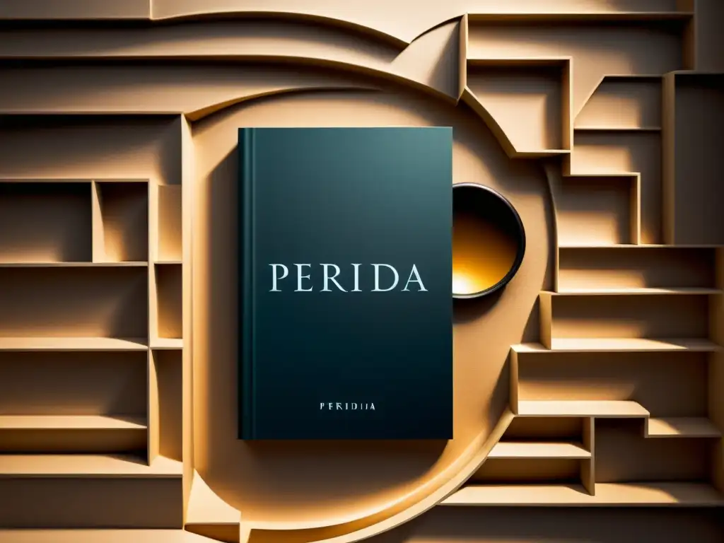 Portada oscura y minimalista de 'Perdida', con una lupa sobre un laberinto retorcido, creando intriga y misterio