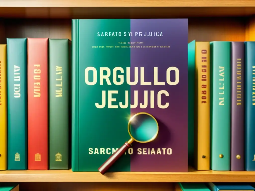 Portada vintage de 'Orgullo y Prejuicio' con lupa resaltando 'sarcasmo' en una biblioteca sepia, subrayando la importancia de la ironía en la obra