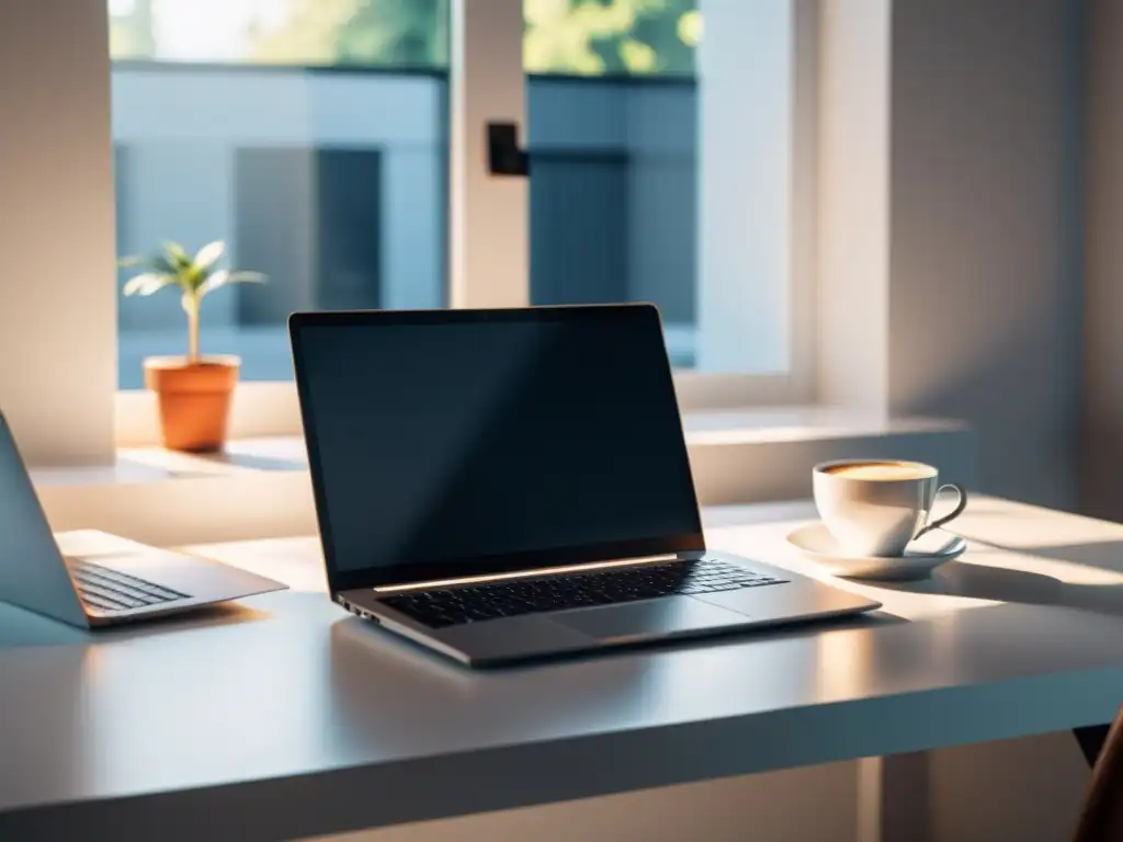 Un portátil moderno sobre un escritorio blanco, con un documento en blanco en la pantalla