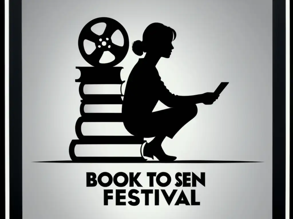 Un póster minimalista en blanco y negro del 'Book to Screen Festival', con una silueta sentada en libros y una bobina de película