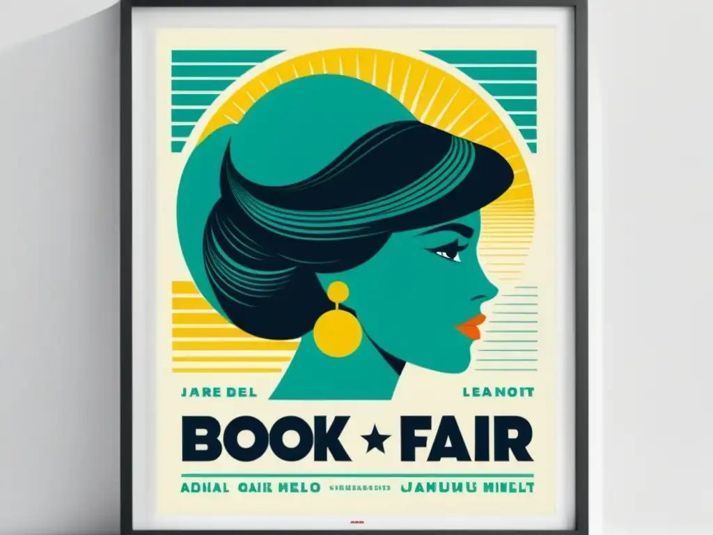 Un póster vintage de la Feria del Libro, con ilustraciones detalladas de figuras literarias, colores vibrantes y tipografía elegante