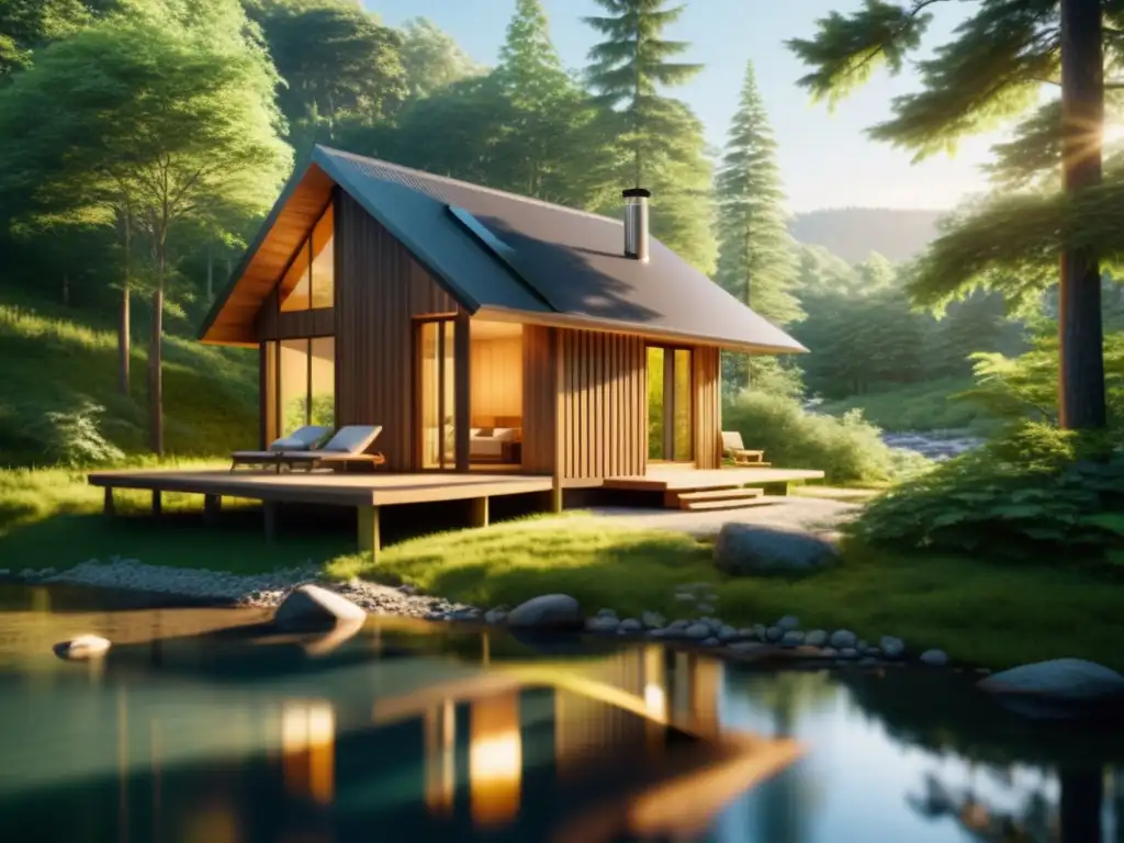 Refugio creativo: Cabaña minimalista en el bosque Preparativos para retiros de escritura: Acogedora cabaña en el bosque, rodeada de árboles altos y un arroyo tranquilo, bañada por la luz del sol