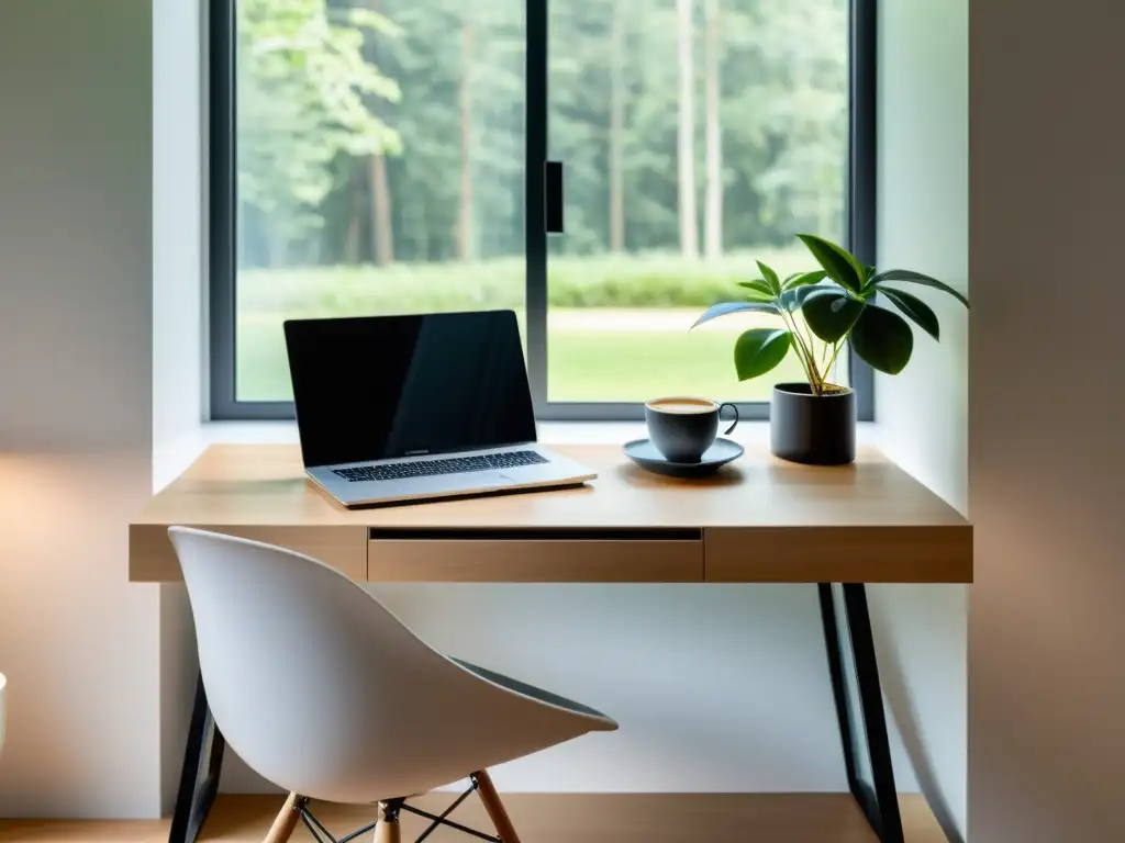 Escritorio minimalista bañado en luz natural para escribir Preparativos para retiros de escritura: Un escritorio sereno bañado en luz natural, con laptop, papel en blanco, café y planta cerca de la ventana