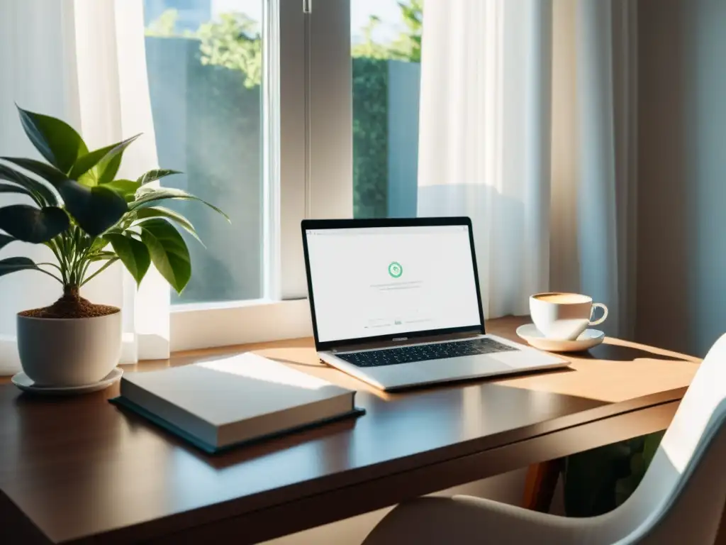 Escritorio minimalista para inspirar concentración y creatividad Preparativos para retiros de escritura: Escritorio minimalista con laptop, libros, café y luz matutina suave, creando ambiente sereno y enfocado