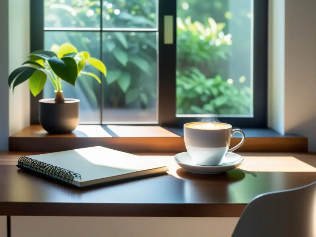 Escritorio minimalista con luz natural y tranquilidad Preparativos para retiros de escritura: Espacio de trabajo sereno con escritorio de madera, planta, laptop y café, bañado por luz natural