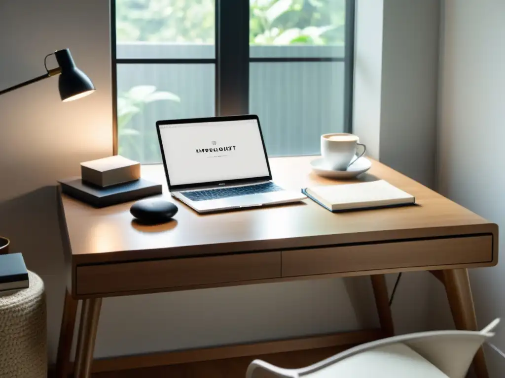 Escritorio minimalista: laptop, café y cuadernos Preparativos para retiros de escritura: un espacio sereno y minimalista con laptop, café, libretas y plumas, bañado en suave luz natural