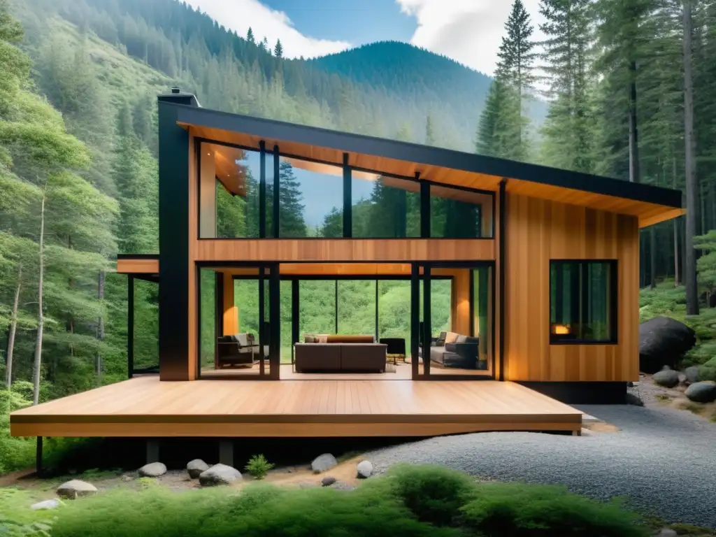 Refugio de escritura sereno en las montañas Preparativos para retiros de escritura: refugio minimalista en la montaña con vistas panorámicas y un acogedor rincón de escritura