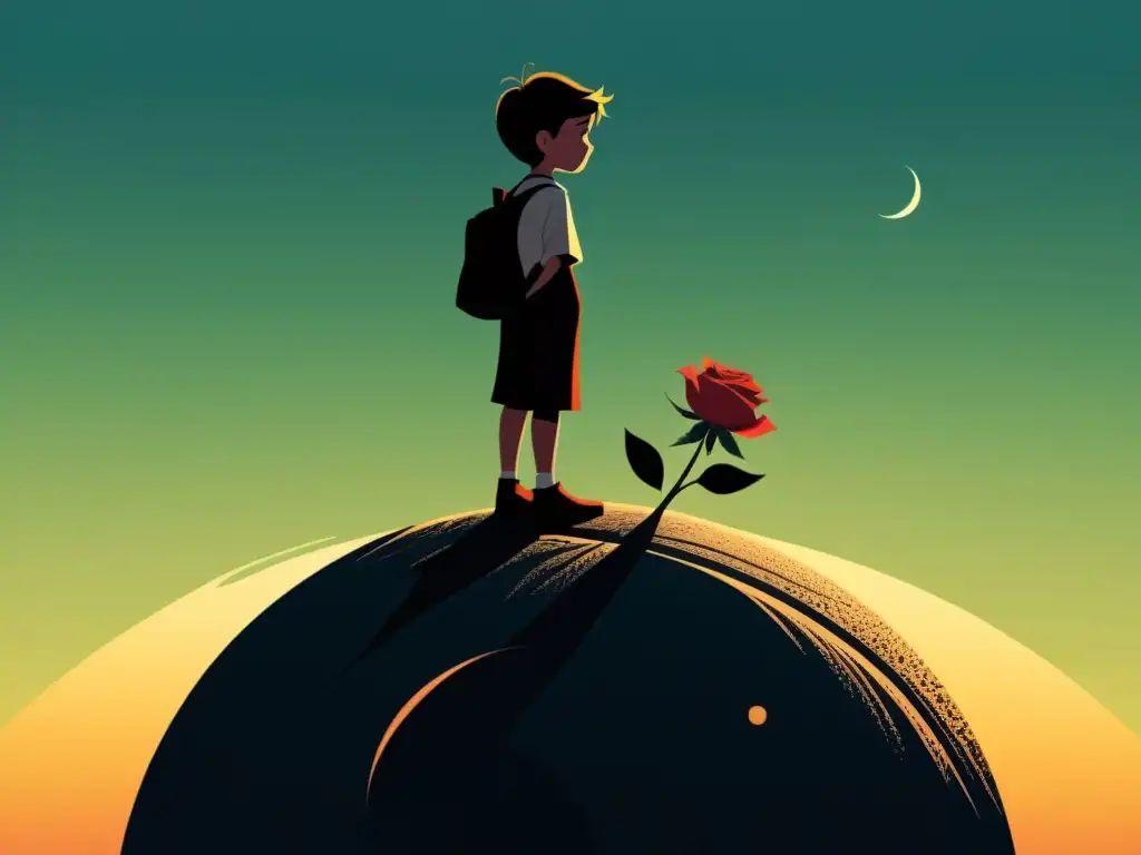 El Principito reflexiona en su planeta con una rosa