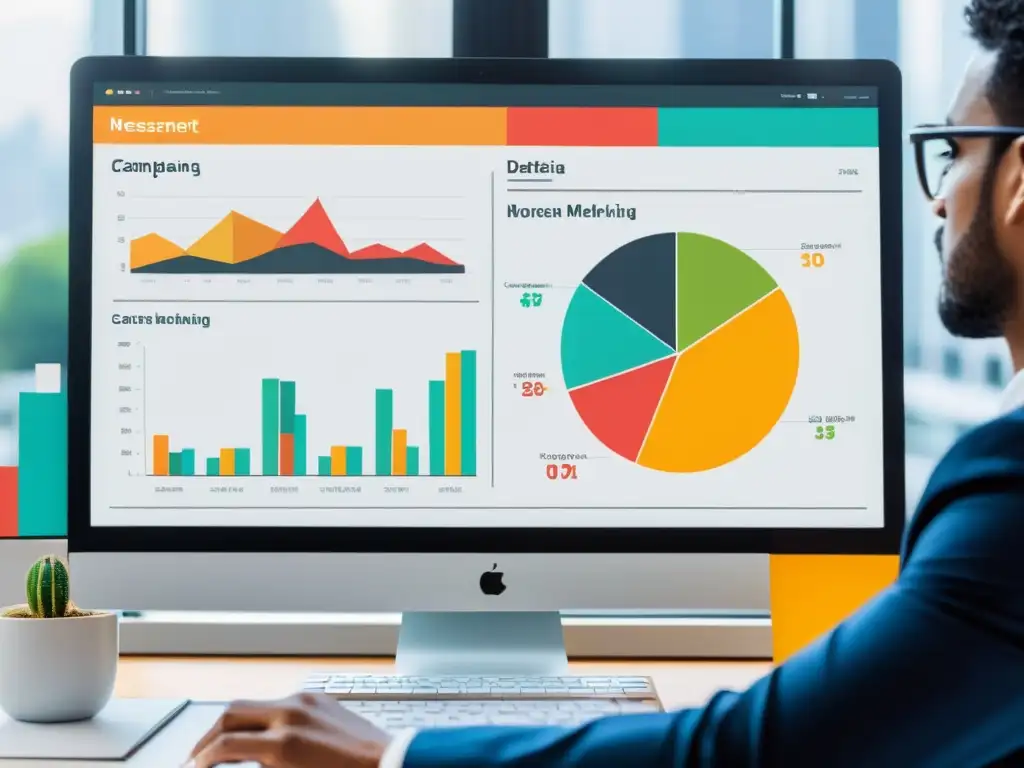 Un profesional analiza datos de marketing en su computadora, rodeado de gráficos coloridos, transmitiendo determinación