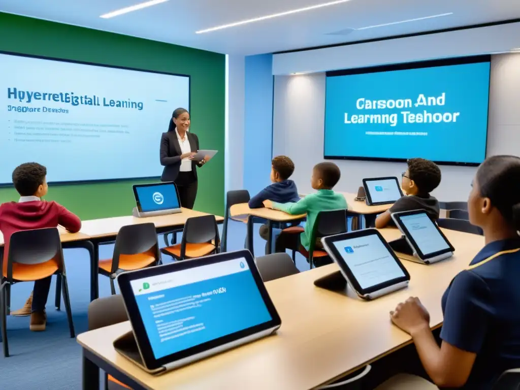 Profesor y estudiantes participan en un aprendizaje colaborativo con tablets y laptops en un aula moderna, resaltando el impacto positivo de los ebooks en la educación