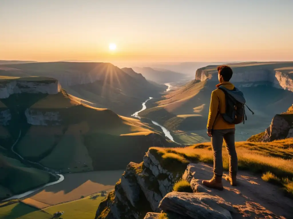 Protagonista reflexivo en acantilado, contemplando paisaje montañoso al atardecer