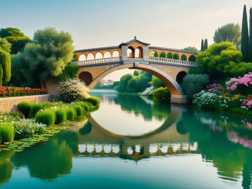 Puente bizantino en la naturaleza, reflejo simétrico en el río, evocando la literatura bizantina como puente entre la antigüedad y lo moderno