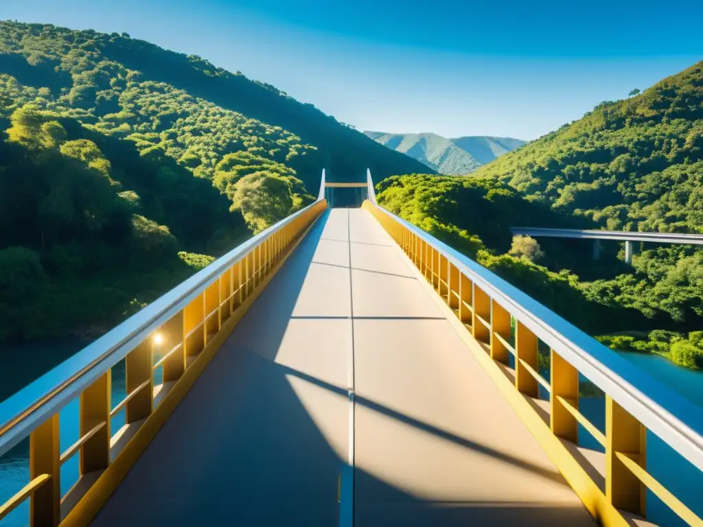 Un puente moderno y elegante sobre un río tranquilo, bañado por la cálida luz del sol