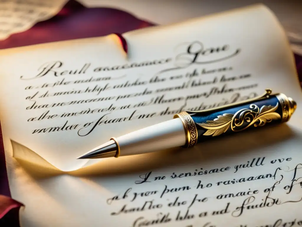 Una quill pen descansa sobre un pergamino con caligrafía renacentista, con la perspectiva del amor en versos renacentistas