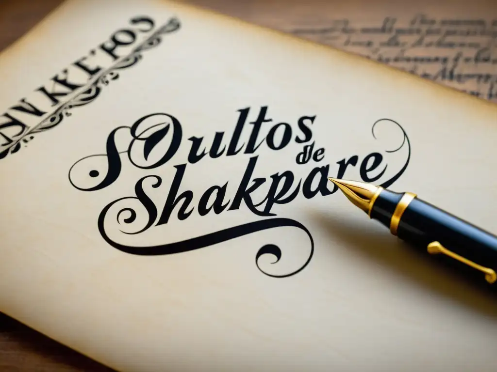 Un quill pen delicadamente inscribe 'Sonetos de Shakespeare' en un pergamino, evocando la belleza atemporal de la poesía