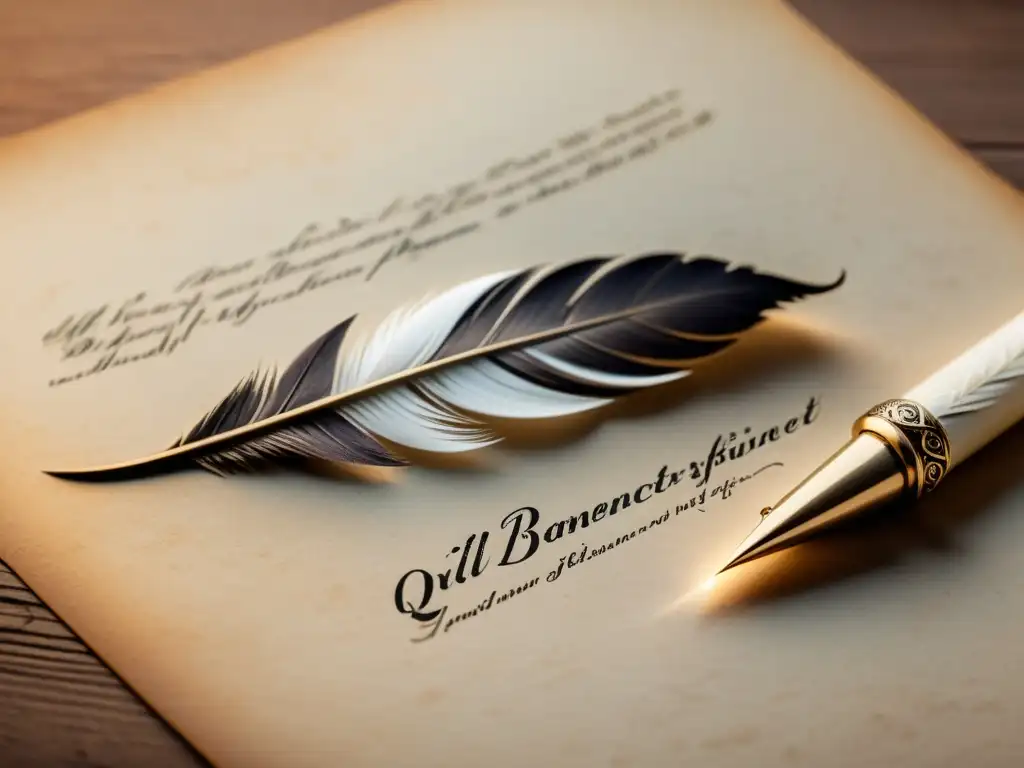 Un quill pen vintage descansa sobre pergamino, evocando el origen etimológico de la escena literaria