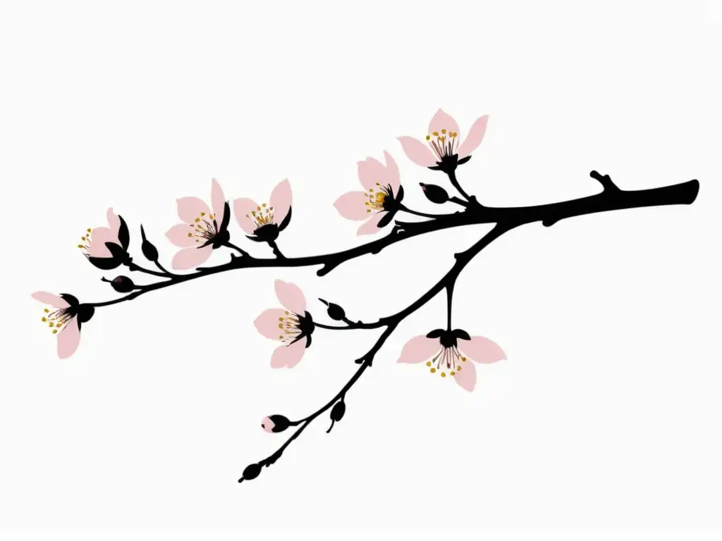 Una rama de cerezo en tinta, con flores rosa delicadas en plena floración sobre fondo blanco