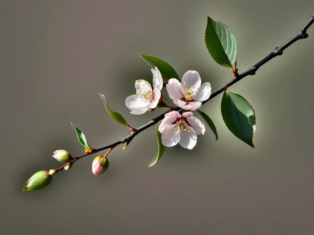 Una rama solitaria de cerezo en flor, iluminada por suave luz solar, evocando la importancia del haiku en poesía