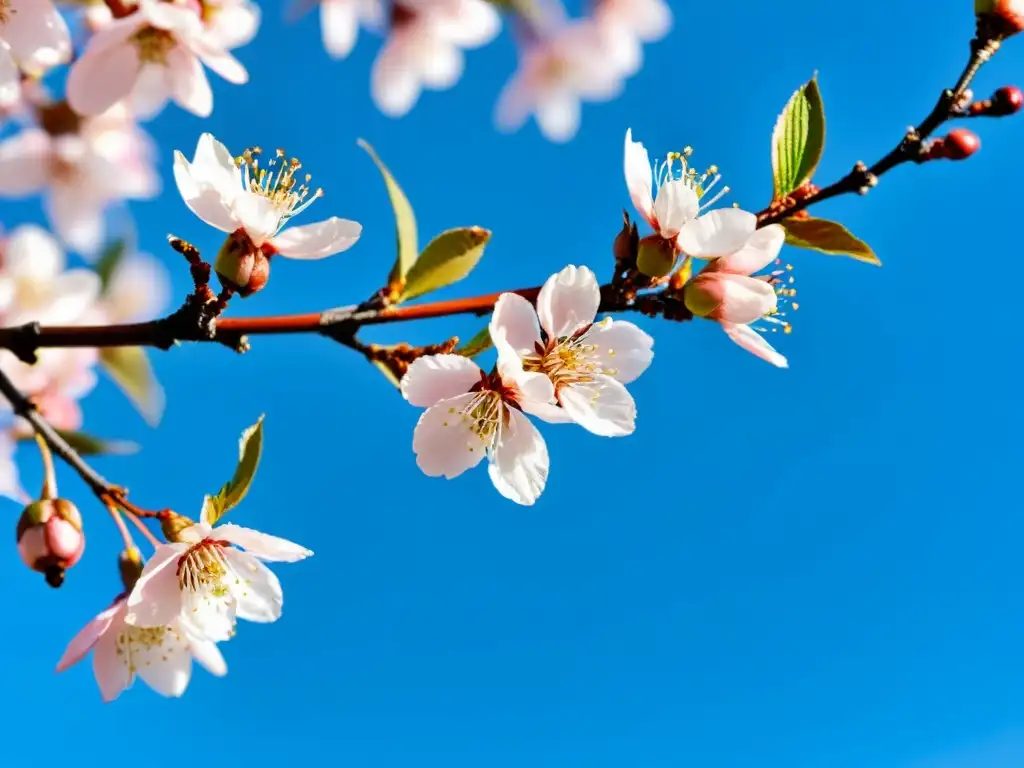 Un ramo delicado de flores de cerezo rosadas, con el cielo azul de fondo