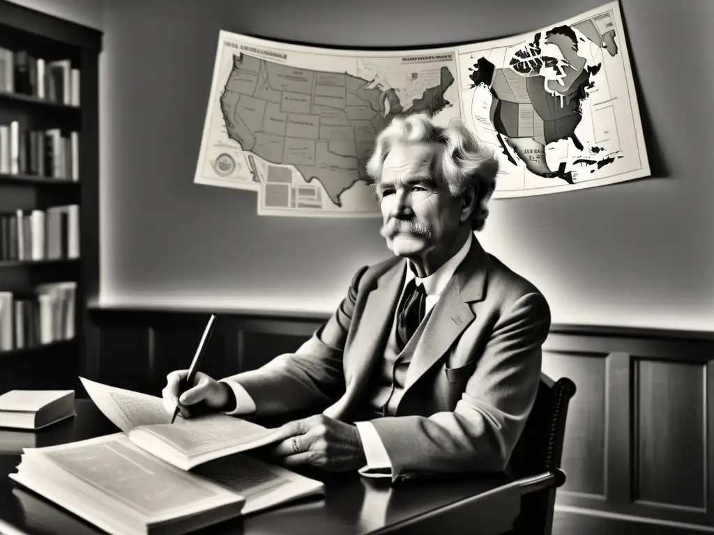 Realismo Americano: Mark Twain reflexivo en su escritorio, rodeado de libros y mapas de los Estados Unidos