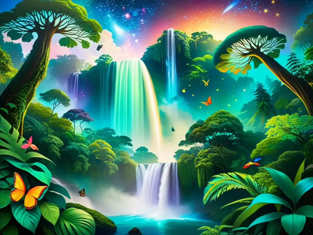 Realismo mágico en Las Metamorfosis: Un bosque tropical vibrante con criaturas fantásticas, cascadas y un cielo estrellado