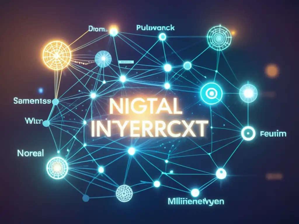 Una red intrincada de nodos interconectados, con elementos multimedia y fragmentos de texto dispersos