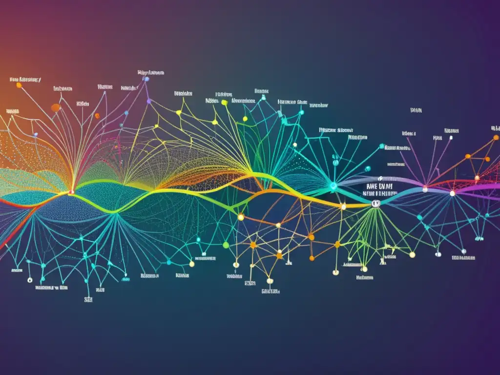 Red de líneas entrelazadas con colores vibrantes que representan técnicas narrativas no lineales en un despliegue visual fascinante