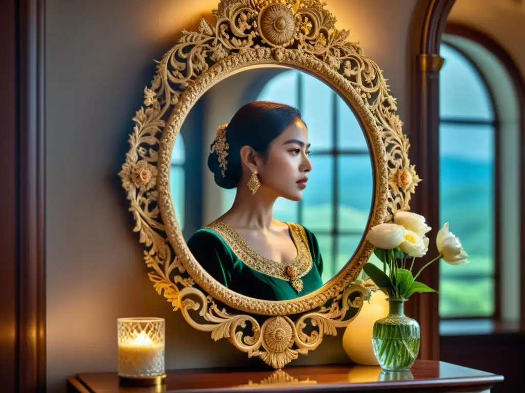 Reflejo de una mujer frente a un espejo ornamental, revelando determinación y anhelo