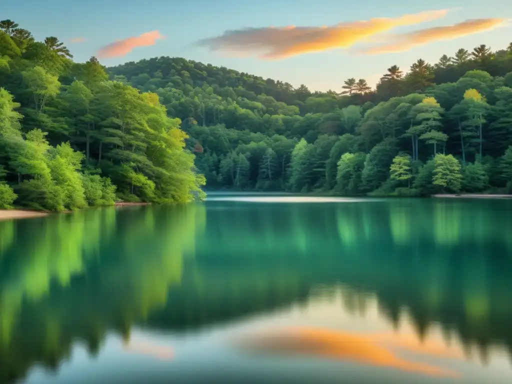 Reflejo sereno de Walden Pond con sus aguas tranquilas y árboles verdes, evocando la búsqueda del sentido de la vida en Walden