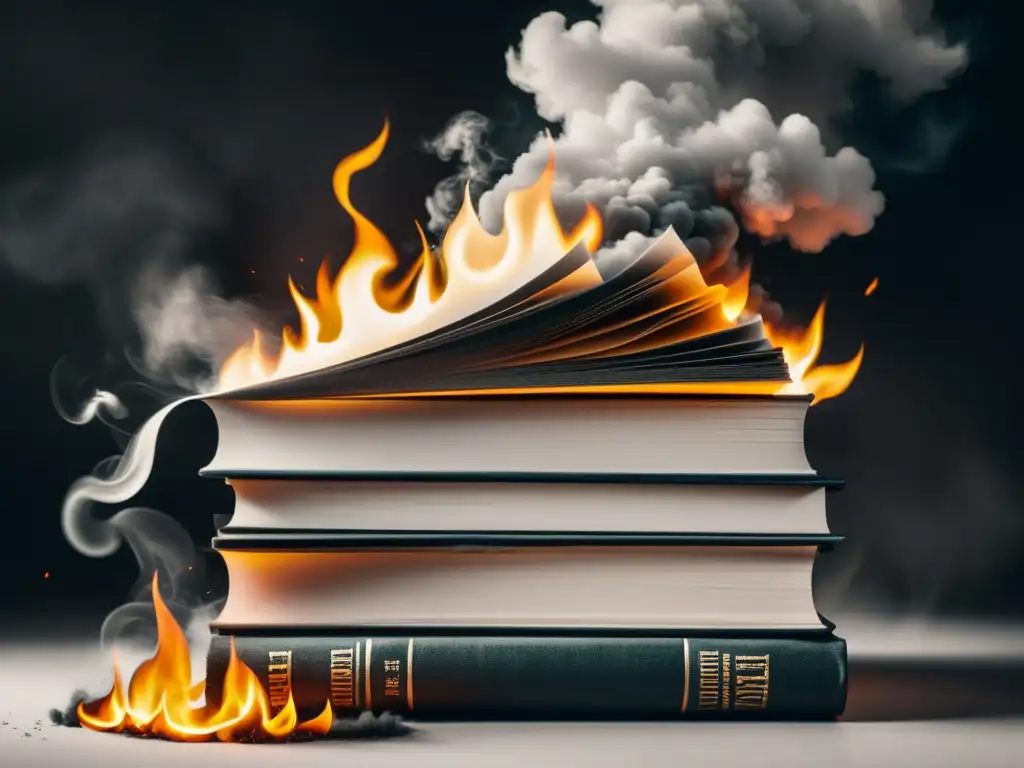 Reflejo social en Fahrenheit 451: Ilustración minimalista en blanco y negro de libros ardiendo, evocando la censura y la destrucción del conocimiento