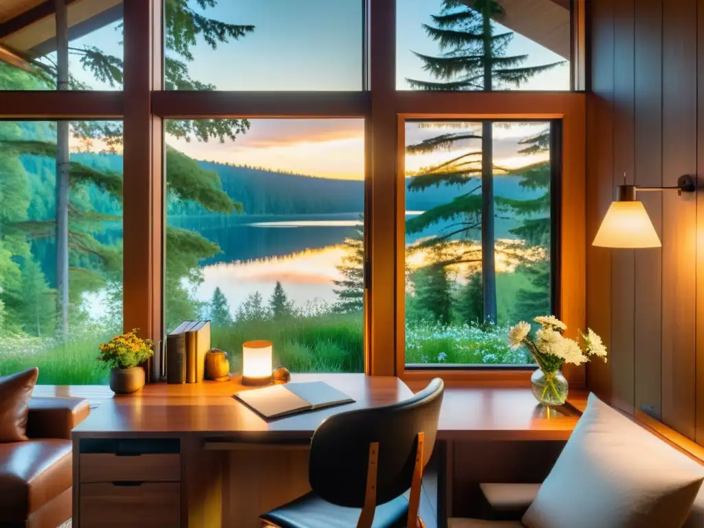 Un refugio de escritura sereno en el bosque, con una cabaña moderna y amplias ventanas que ofrecen vistas al lago