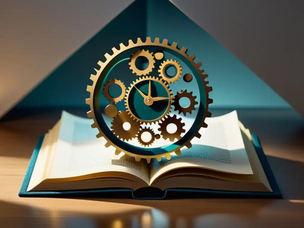 Reloj minimalista con engranajes entrelazados y páginas superpuestas Reloj minimalista con engranajes entrelazados, simbolizando la estructura temporal en narración literaria sobre páginas superpuestas iluminadas