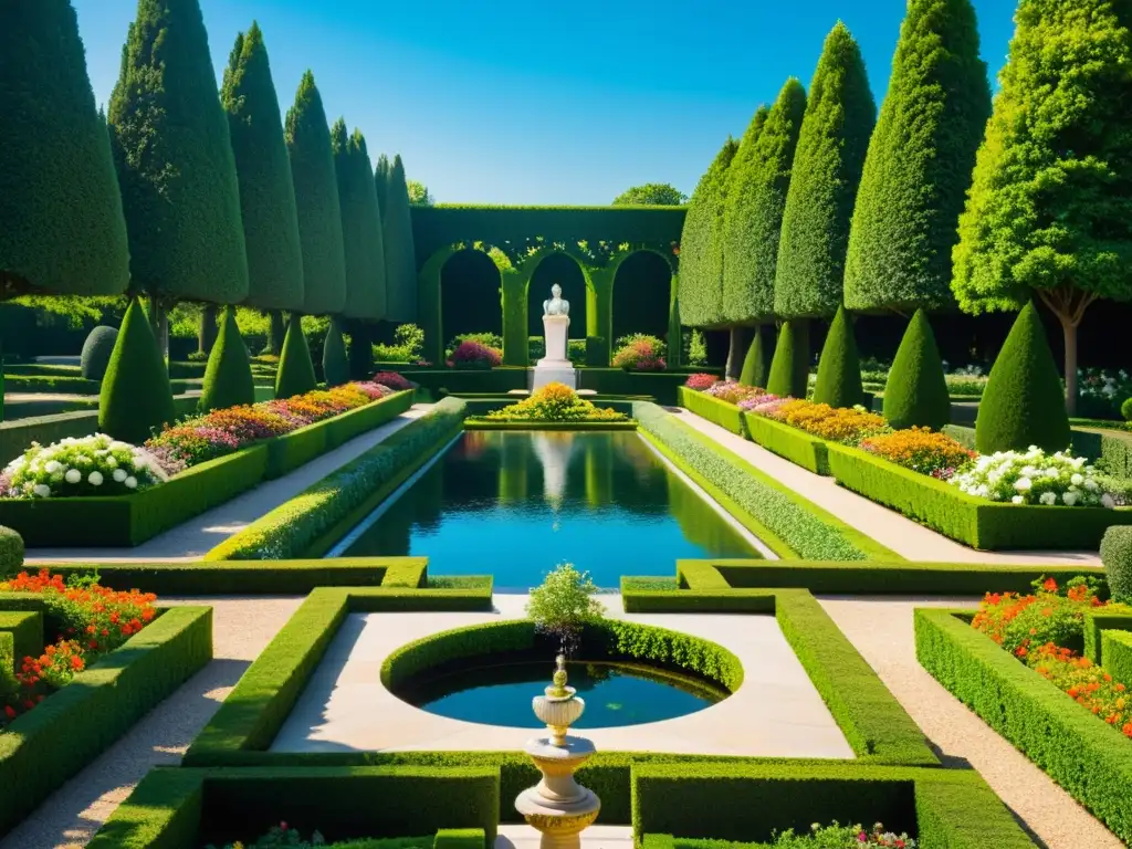 Un jardín renacentista rebosante de naturaleza en poesía renacentista, con flores vibrantes y un estanque sereno