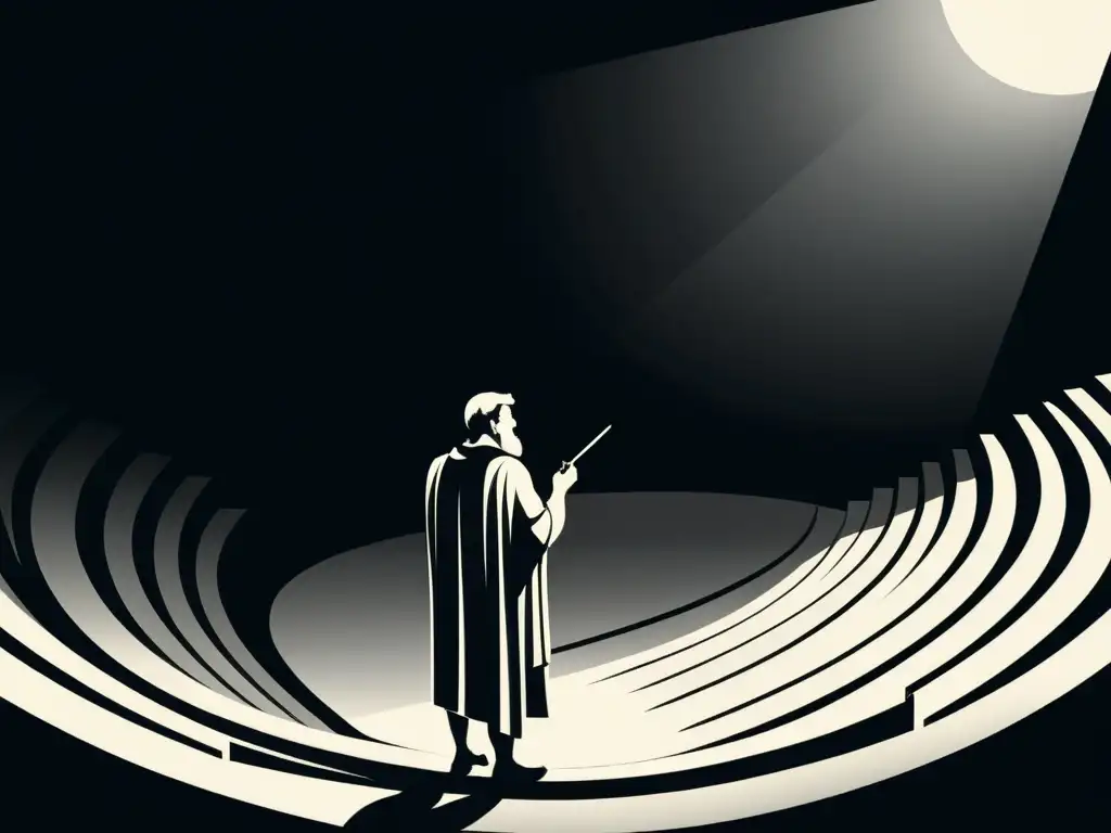 El renombrado dramaturgo Aeschylus en el Teatro de Esquilo, en una ilustración minimalista en blanco y negro, con una atmósfera dramática y solemne