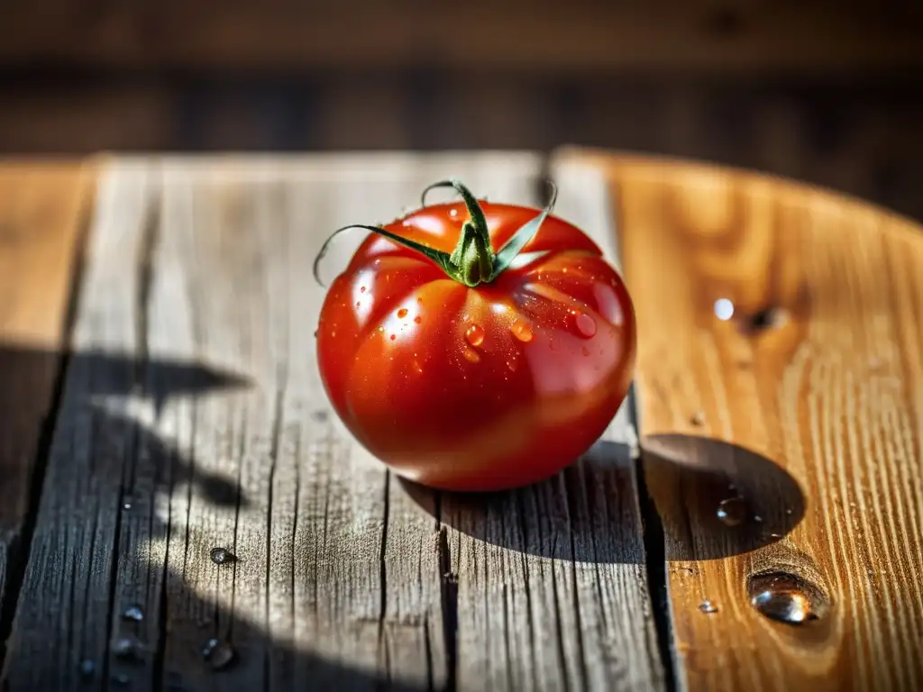 Una fotografía de alta resolución de un tomate maduro sobre una mesa rústica