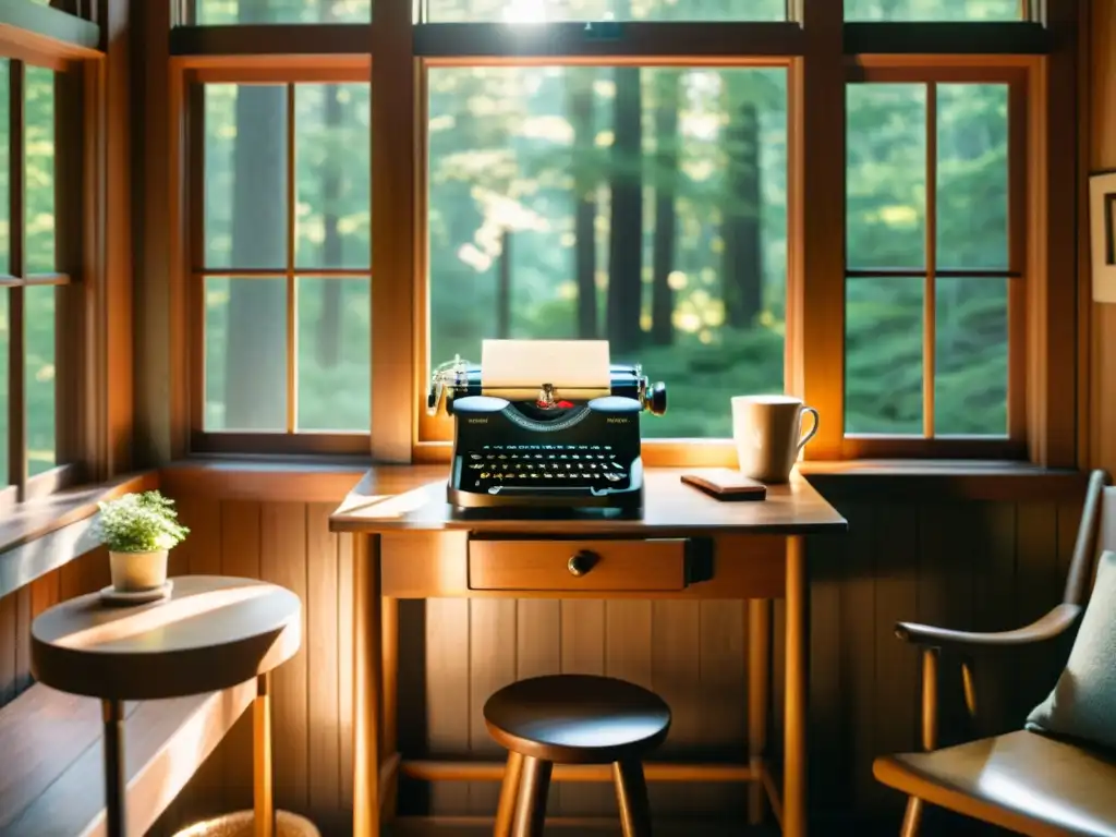 Retiro de escritura: cabaña acogedora en un bosque tranquilo, con luz cálida entre los árboles y sombras en el porche de madera