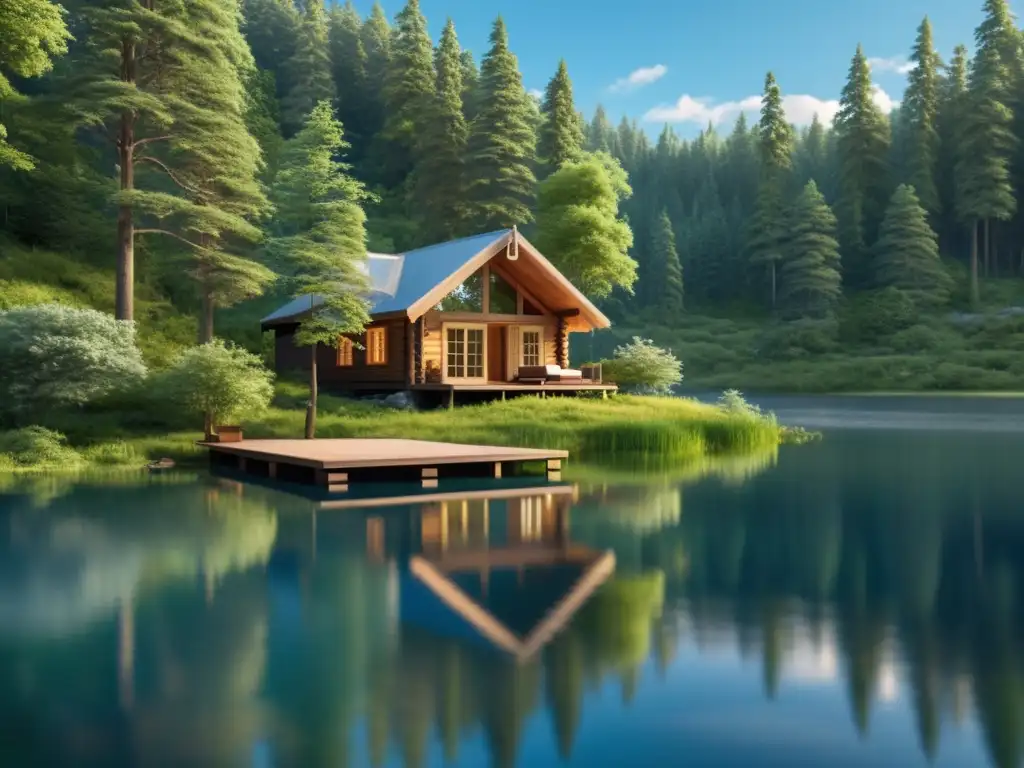 Retiro de escritura en un bosque sereno con cabaña de madera, árboles altos y lago tranquilo reflejando el cielo azul