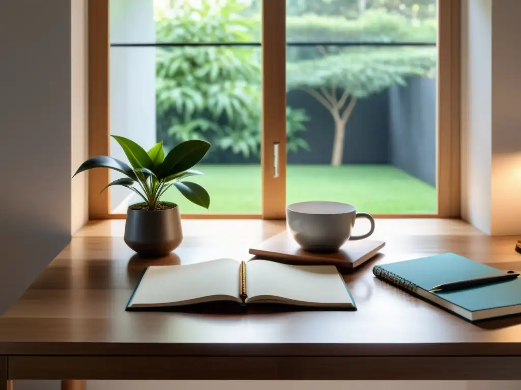 Retiro de escritura enfoque creativo: Espacio de trabajo minimalista con escritorio de madera, planta y ventana con luz suave