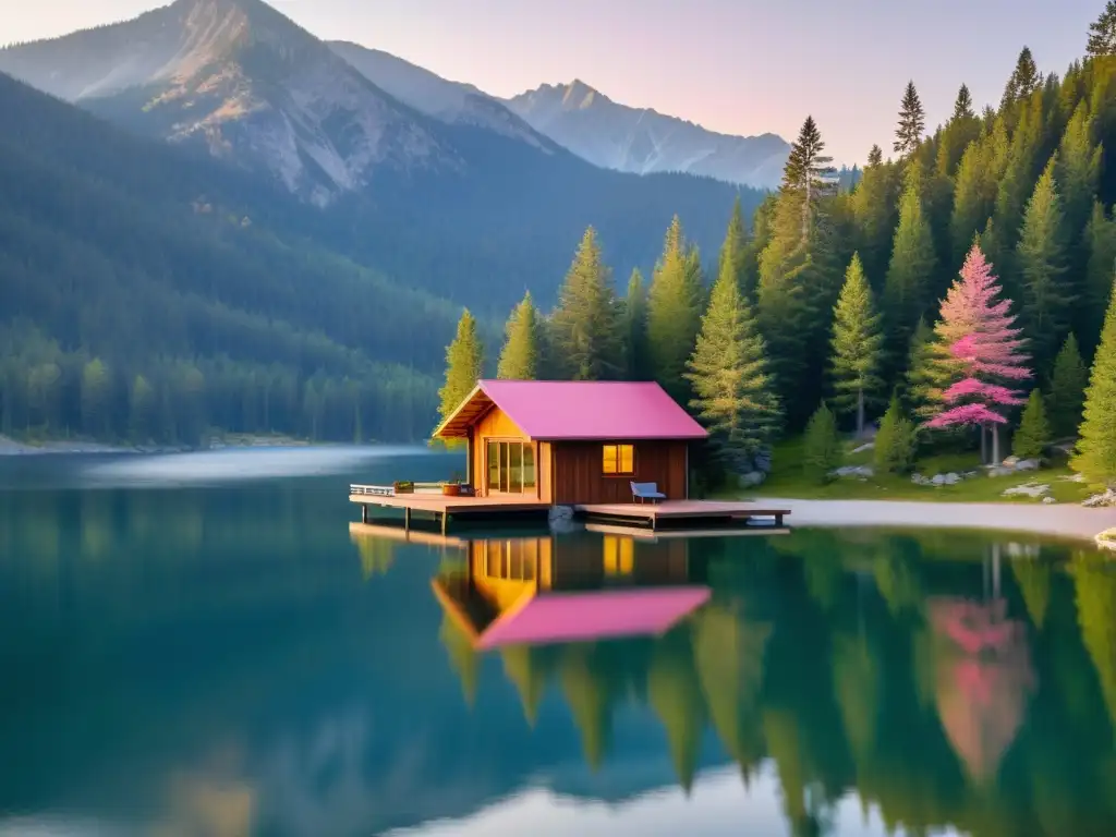 Retiro de escritura en un entorno creativo, con cabaña acogedora rodeada de pinos y lago tranquilo reflejando el atardecer rosado