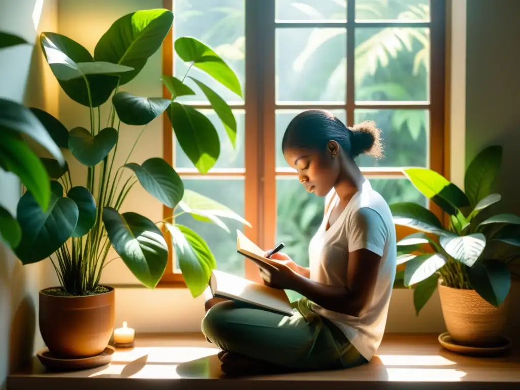 Un retiro de escritura espiritual mística: un individuo medita y escribe en un cuaderno, rodeado de plantas en un ambiente tranquilo y soleado